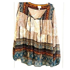 Printed peasant long-sleeve top
